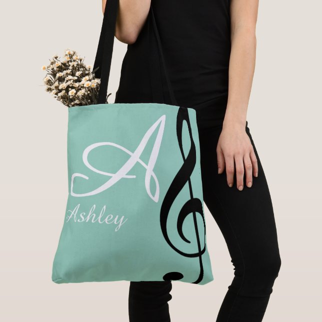 Name, initial & black treble clef teal music tote bag (Close Up)