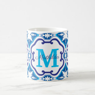 💙 Name + Initial blue Azulejos 004 Coffee Mug