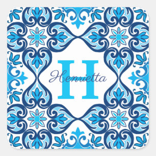 💙🤍 Name + initial blue - white Azulejos X,  Square Sticker