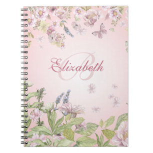 Name + Initial Girly Pink Wildflowers + Butterfly Notebook