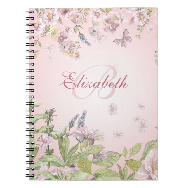 Name + Initial Girly Pink Wildflowers + Butterfly Notebook (Front)