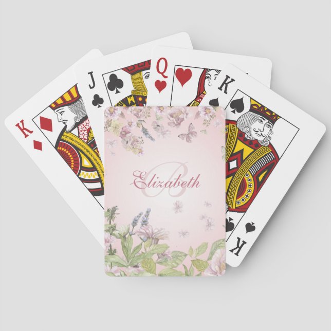 Name + Initial Girly Pink Wildflowers + Butterfly Playing Cards (Back)