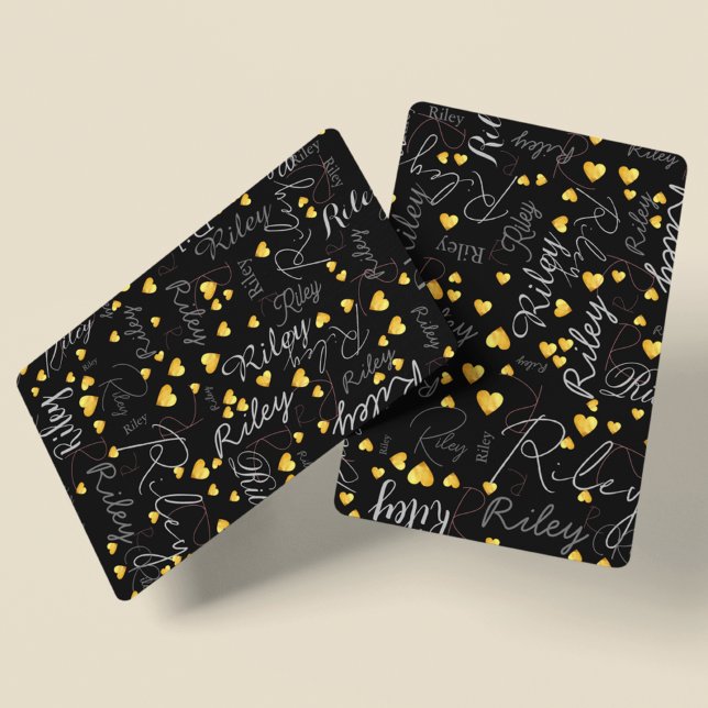 Name Initial & Gold Hearts Black Playing Cards (Creator Uploaded)