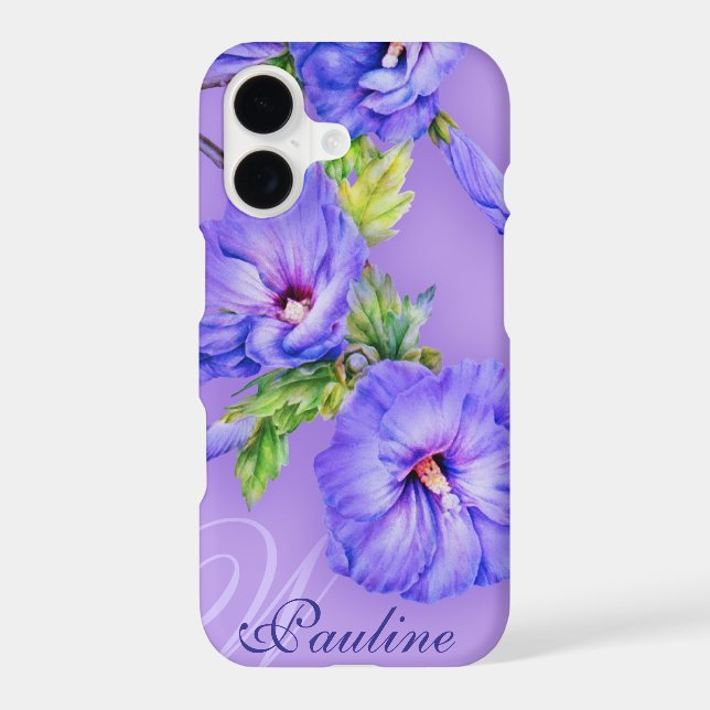 Name & initial hibiscus blue purple iphone case (Back)