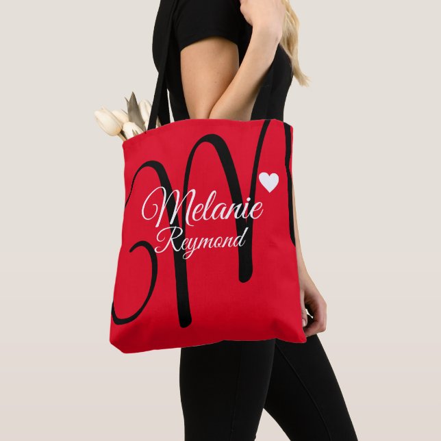 name & initial love heart red tote bag (Close Up)