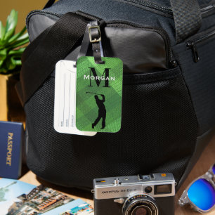 Name, Initial Male Golfer Silhouette Green Plaid Luggage Tag
