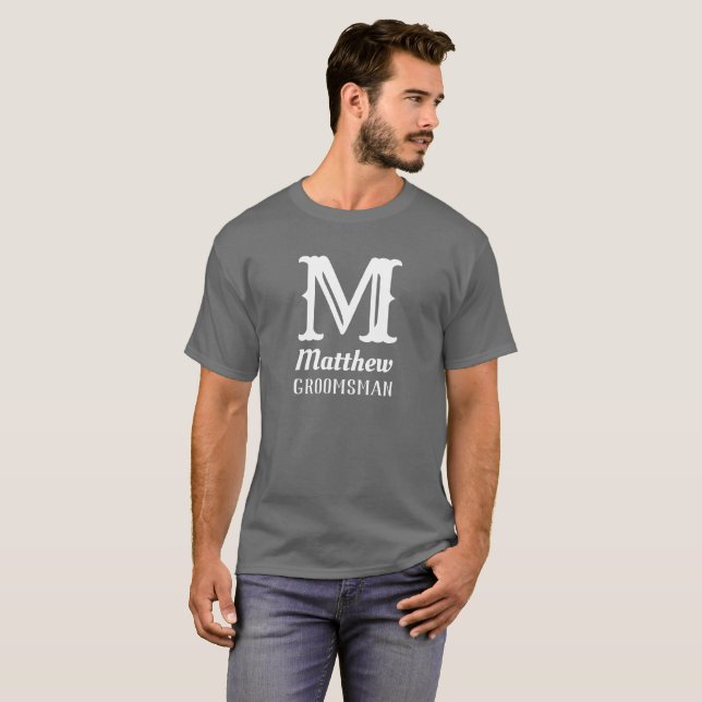 Name Initial Monogrammed Groomsman Wedding Grey T-Shirt (Front Full)