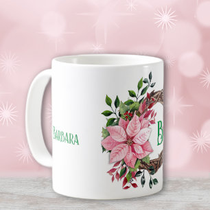 Name & Initial or Numbers, Pink Poinsettia 11oz Coffee Mug