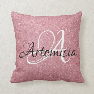 Name Initial Pink Rose White Sparkle Girly Sweet Cushion