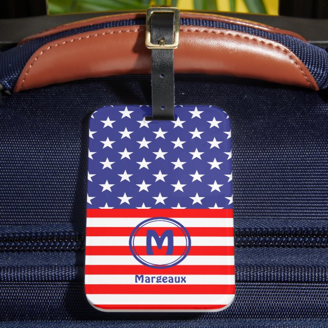 Name-Initial, Stars & Stripes Flag Motif Luggage Tag (Front Insitu 2)