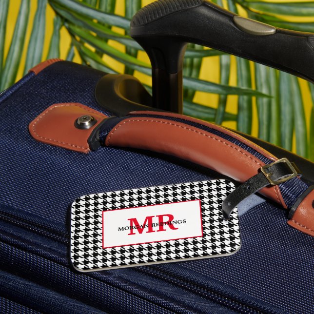 Name & Initials, Houndstooth Red Accents Luggage Tag (Front Insitu 3)