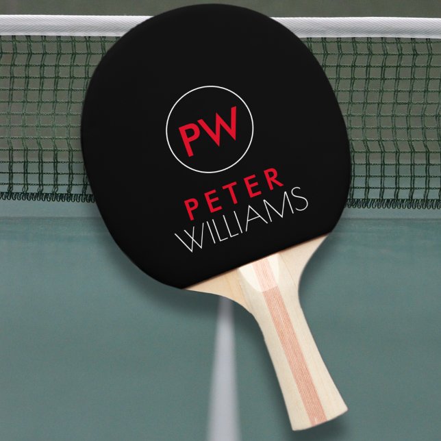 Name & initials monogram on cool black ping pong paddle (Creator Uploaded)