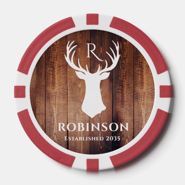 Name Initials Monogram Rustic Deer Antler Simple Poker Chips (Front)