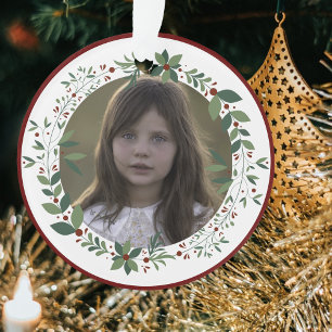 Name Kid's Photo Burgundy Christmas Wreath Ornament