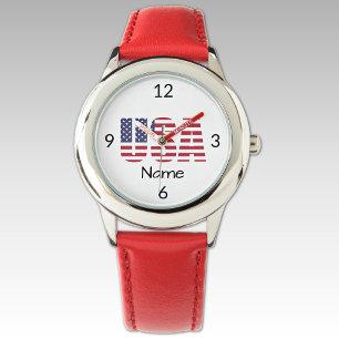 Name, Kids Stainless Steel Red Leather Strap Watch