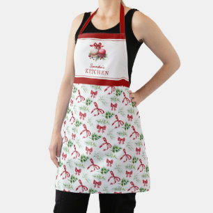 Name Kitchen Christmas Bow Greenery Pattern Apron