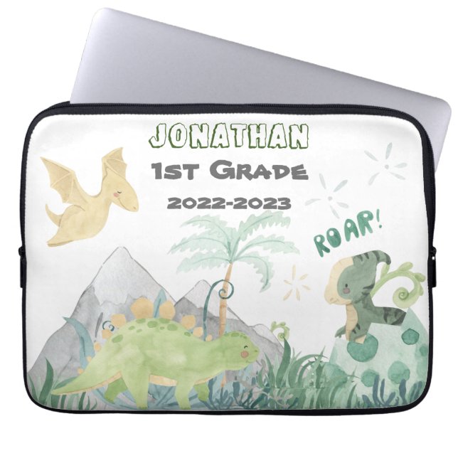 Name Label Cute Dinosaur Back To School Laptop Sleeve (Front)