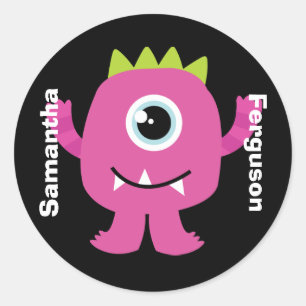 Name Label/Sticker - Pink Monster Design Classic Round Sticker