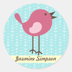 Name Labels/Stickers Pink Bird - Blue Heart Design Classic Round Sticker
