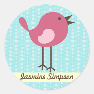 Name Labels/Stickers Pink Bird - Blue Heart Design Classic Round Sticker