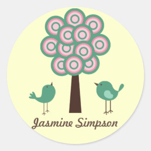 Name Labels/Stickers Two Green Birds Classic Round Sticker
