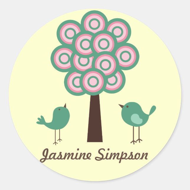 Name Labels/Stickers Two Green Birds Classic Round Sticker (Front)