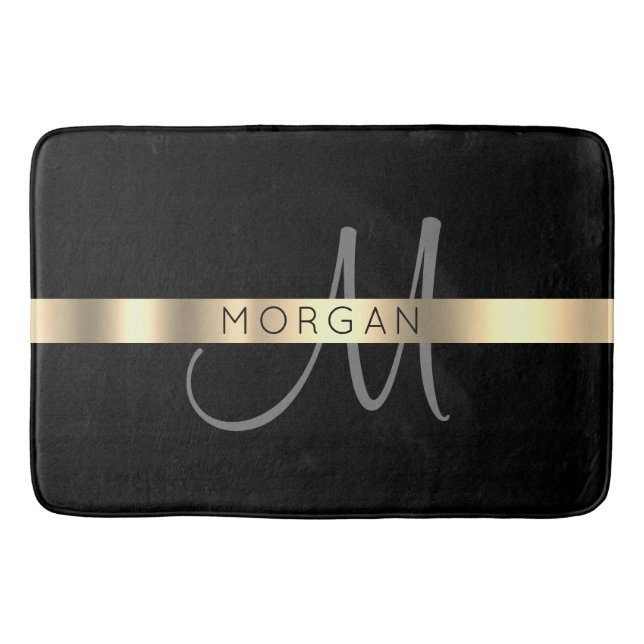 Name & Large Monogram, Grey Black Gold Bath Mat (Front)