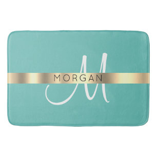 Name & Large Monogram, Light Teal Black Gold Bath Mat