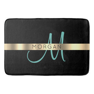 Name & Large Monogram, Light Teal Black Gold Bath Mat
