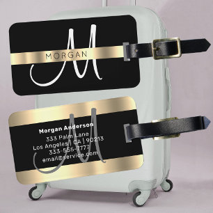 Name & Large Monogram, White Black Gold Luggage Tag