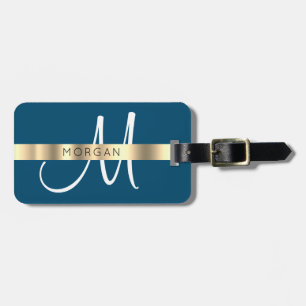Name & Large Monogram, White Ocean Blue Gold Grey Luggage Tag