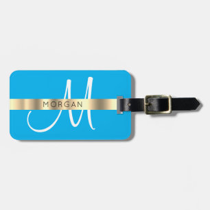 Name & Large Monogram, White Sky & Dark Blue Gold Luggage Tag