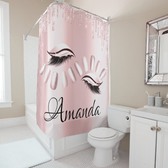 Name Lashes Glitter Drips Pink Rose Girly Nails Shower Curtain (In Situ)