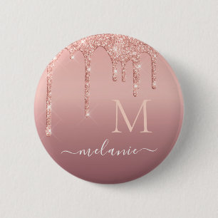 Name Letter Button Rose Gold Blush Glitter Drips