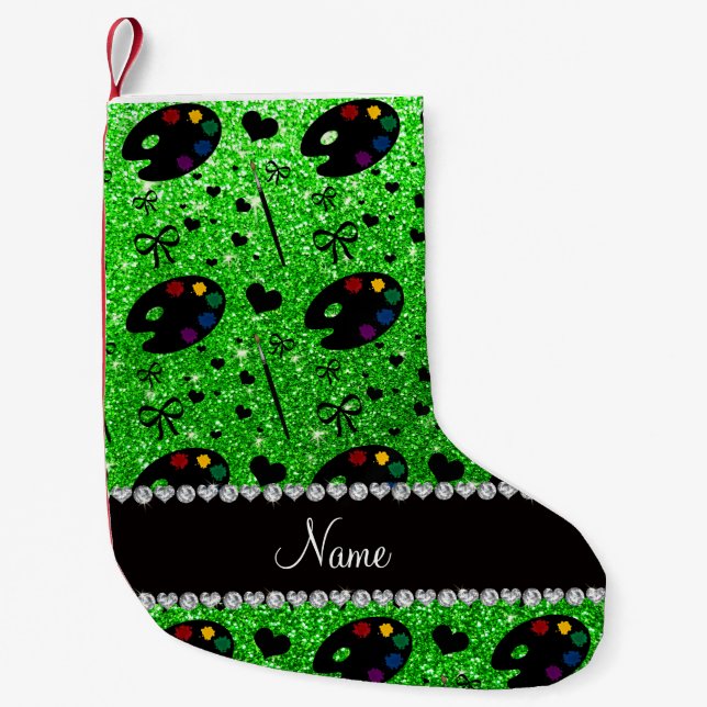 name lime green glitter painter palette brushes small christmas stocking (Front)