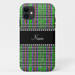 Name lime green glitter pink purple plaid iPhone 11 case