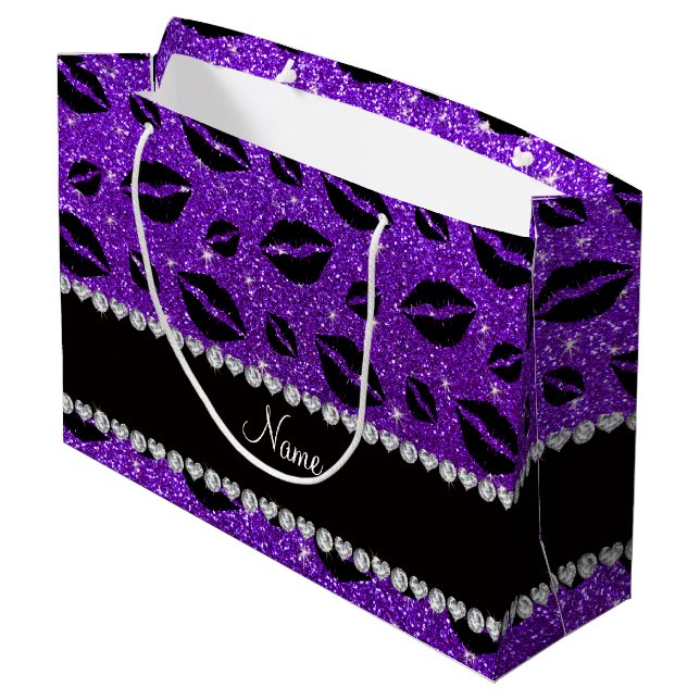 Name lipstick kisses indigo purple glitter large gift bag (Back Angled)