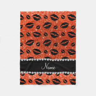 Name lipstick kisses neon orange glitter fleece blanket