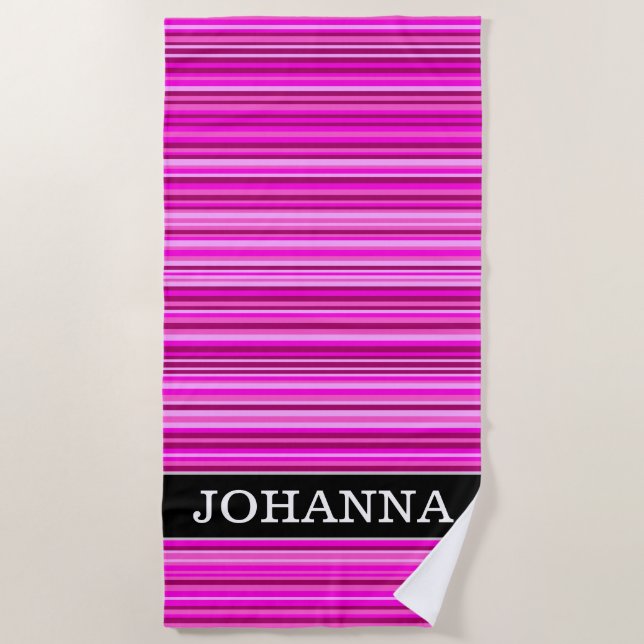 Name + Magenta and Pink Stripes/Lines Pattern Beach Towel (Front)