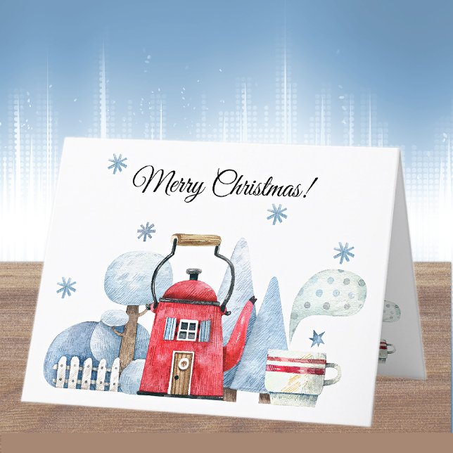 Name, Magical Red Tea Kettle Winter House  Holiday Card (Creator Uploaded)