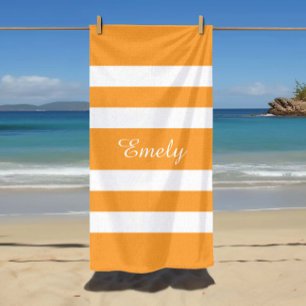 Name Marigold Orange And White Stripes Pattern Beach Towel