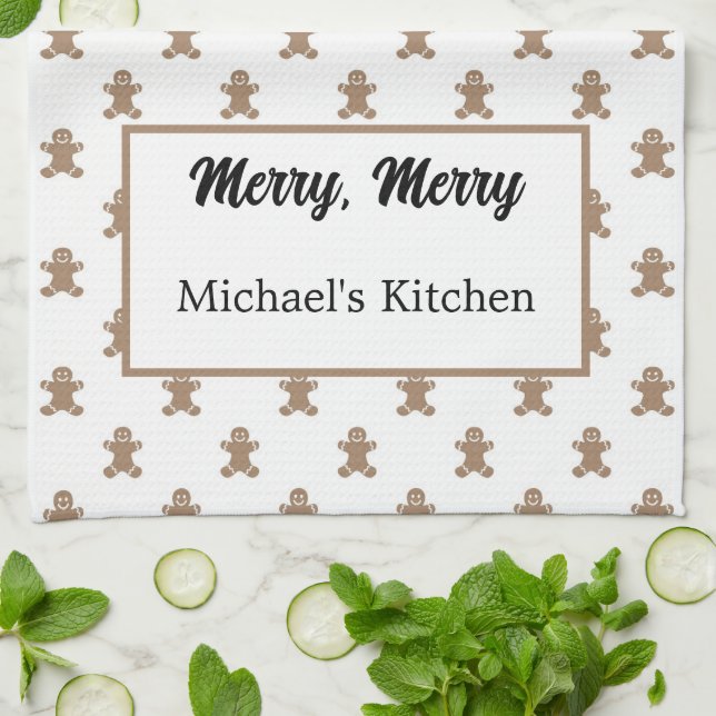 Name, Masculine Gingerbread Man Pattern Tea Towel (Folded)