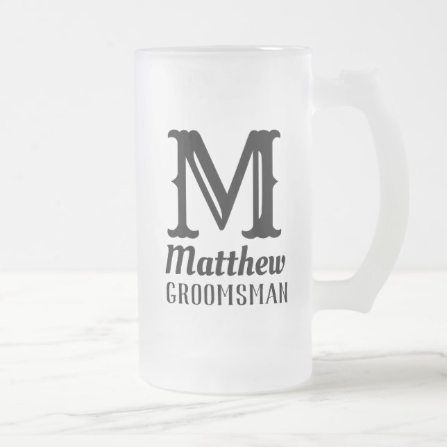 Name Masculine Monogrammed Classic Weddings Black  Frosted Glass Beer Mug (Right)