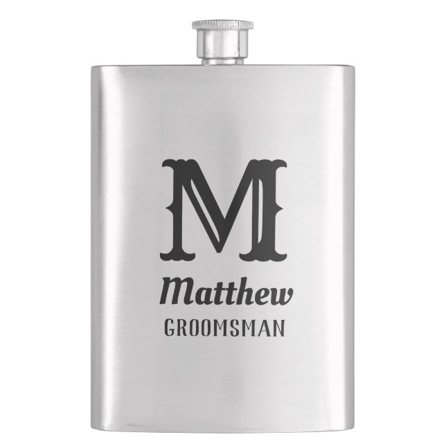 Name Masculine Monogrammed Classic Weddings Black Hip Flask (Front)