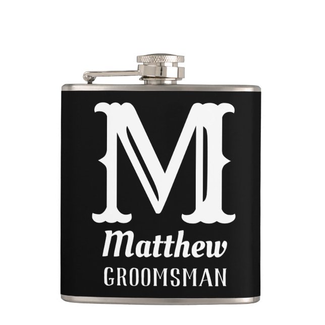 Name Masculine Monogrammed Classic Weddings Black Hip Flask (Front)