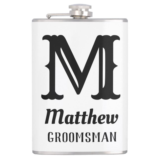 Name Masculine Monogrammed Classic Weddings Black  Hip Flask (Front)