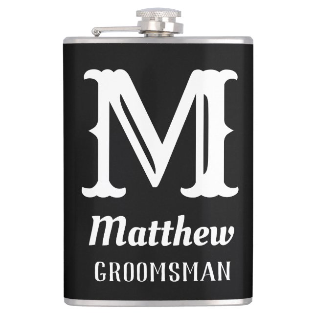 Name Masculine Monogrammed Classic Weddings Black  Hip Flask (Front)