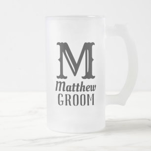 Name Masculine Monogrammed Groom Weddings Black  Frosted Glass Beer Mug