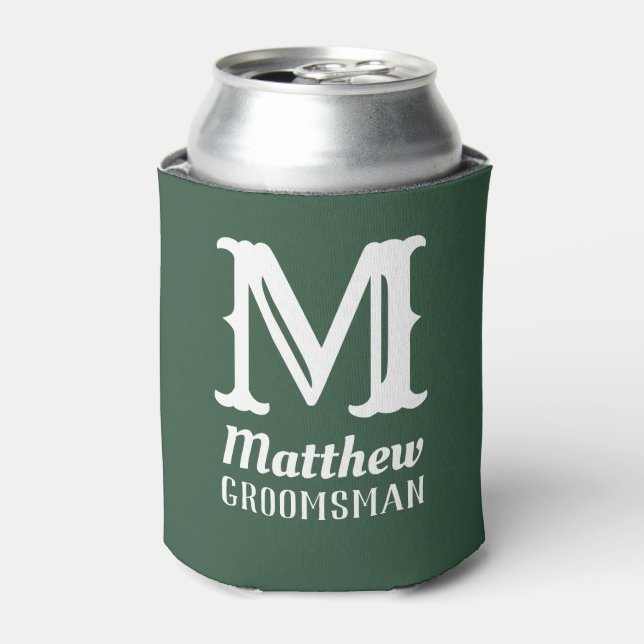 Name Masculine Monogrammed Groomsman Wedding Green Can Cooler (Can Front)