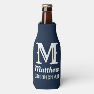 Name Masculine Monogrammed Groomsman Wedding Navy Bottle Cooler